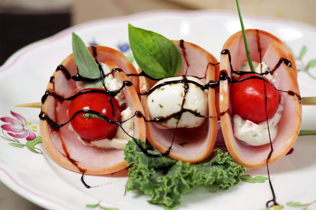 Canadian Bacon Skewer Bites with cheese, tomatoes, and basil