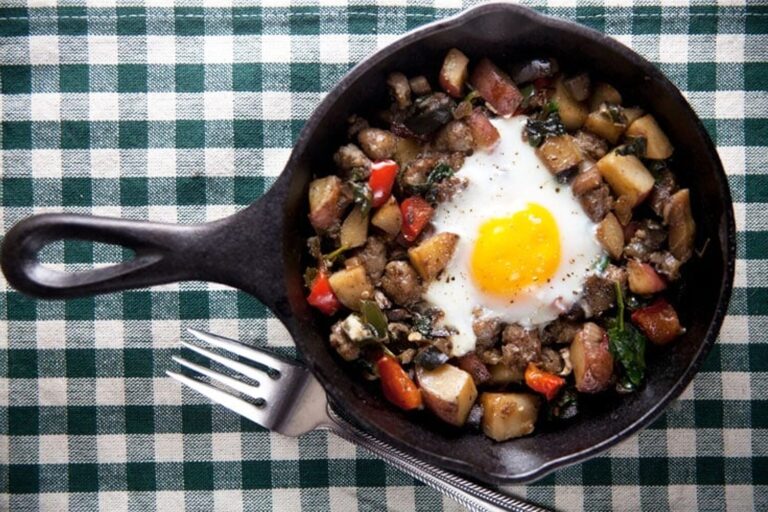 Farmers Market Hash with Baked Eggs and Sausage