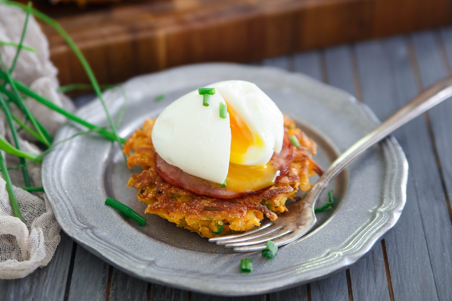 Sweet Potato Fritter Breakfast Sandwich with a soft boiled egg