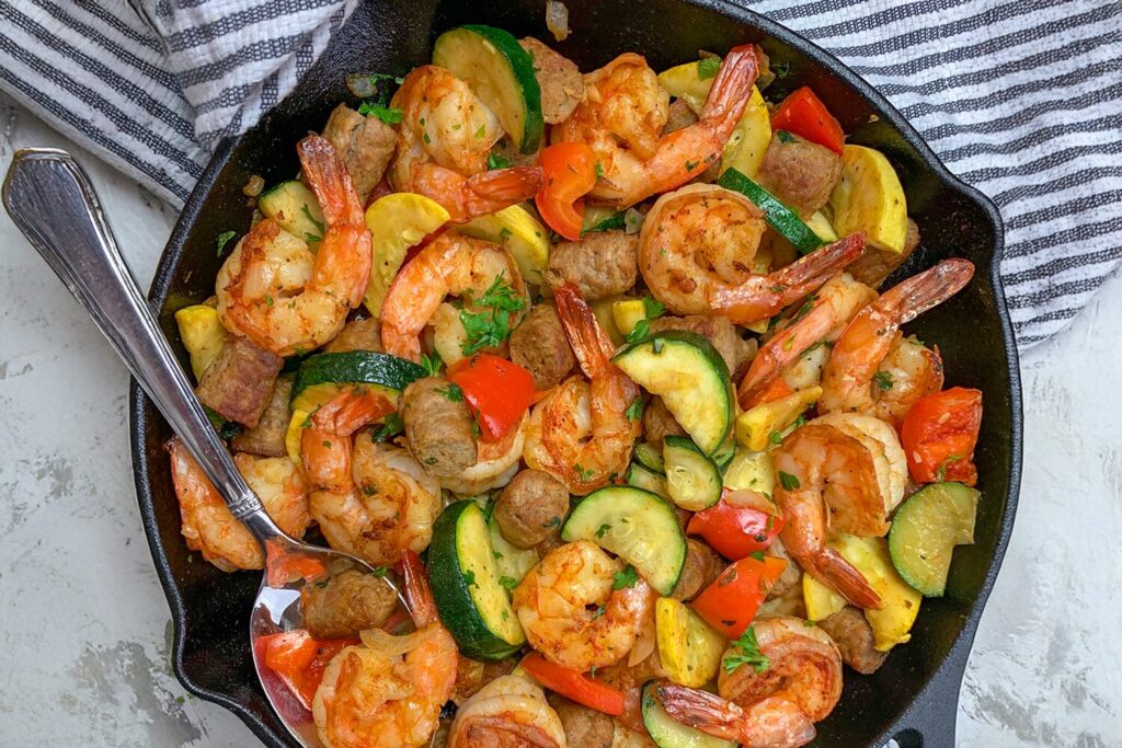 Garlic Shrimp and Sausage Skillet with peppers and zucchini