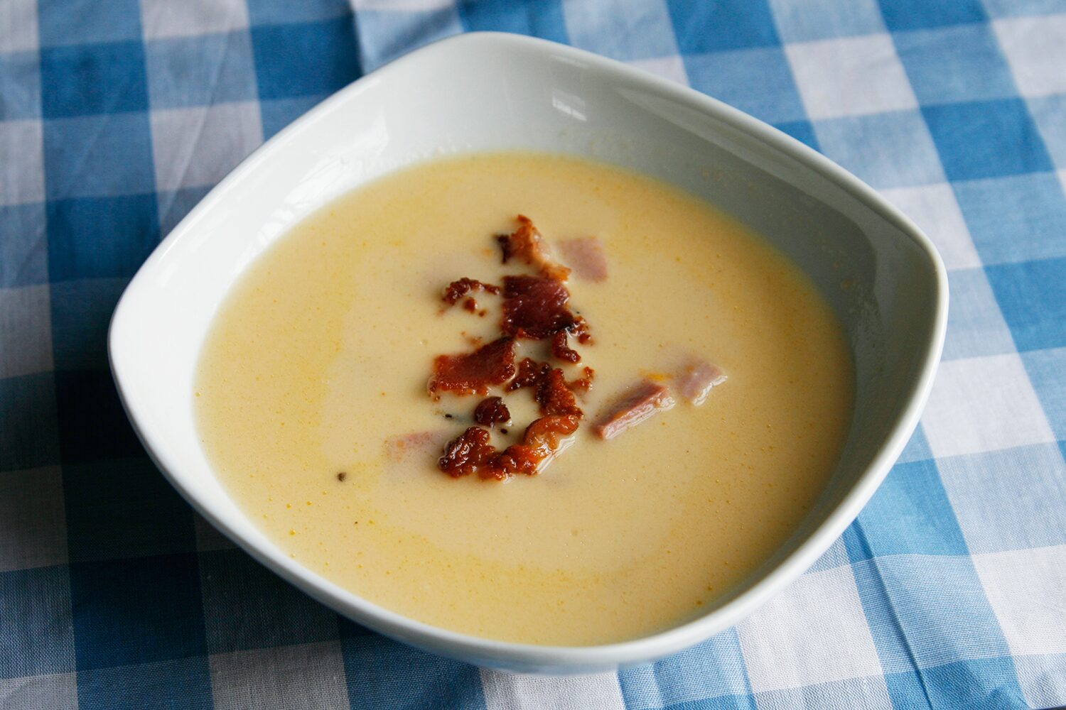 Beer and Cheddar Soup with Smoked Ham