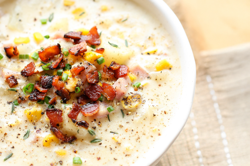 Potato Ham Chowder topped with bacon