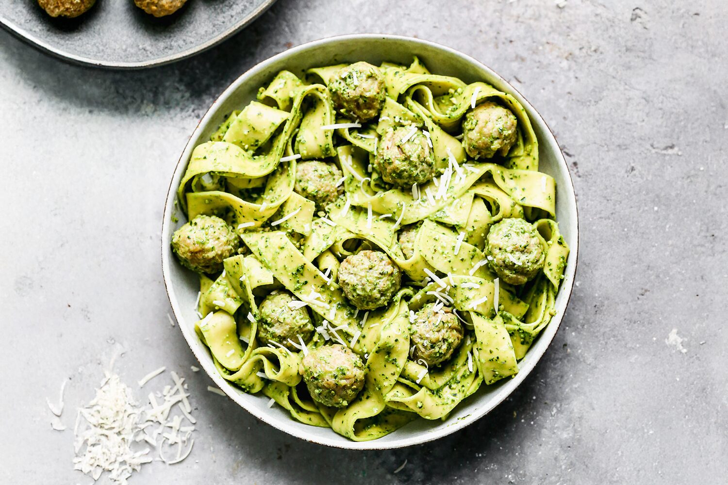 Kale Pesto Pappardelle with Chicken Meatballs