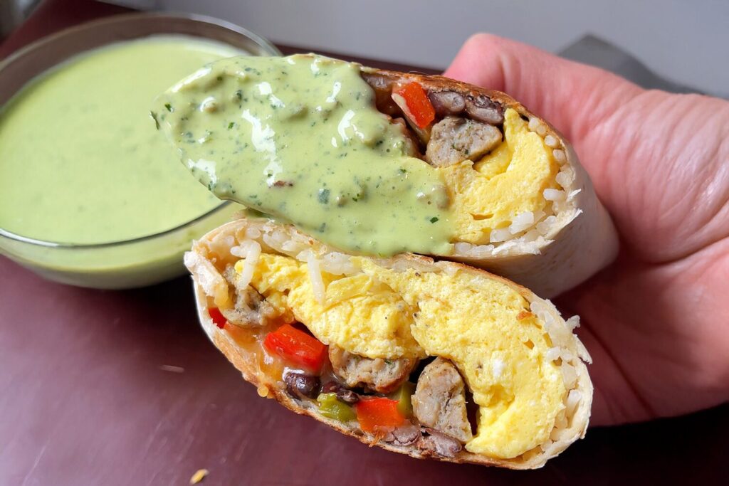 Chicken Breakfast Burritos with Cilantro Sauce