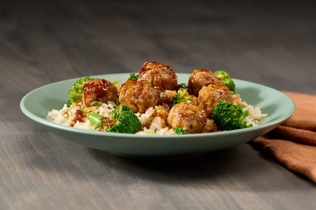 Ginger Soy Glazed Meatballs served with rice and broccoli