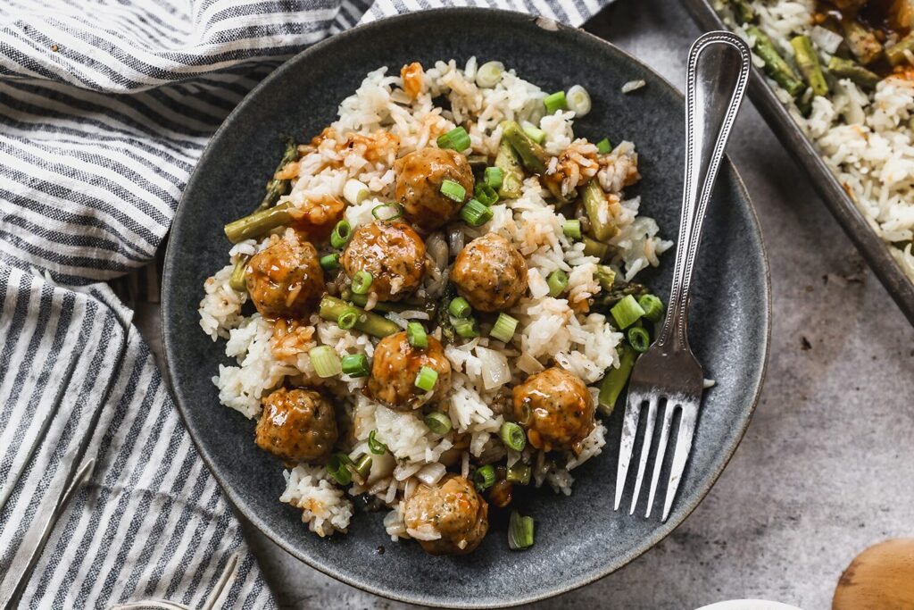 Sheet Pan Orange Chicken Meatballs and Rice