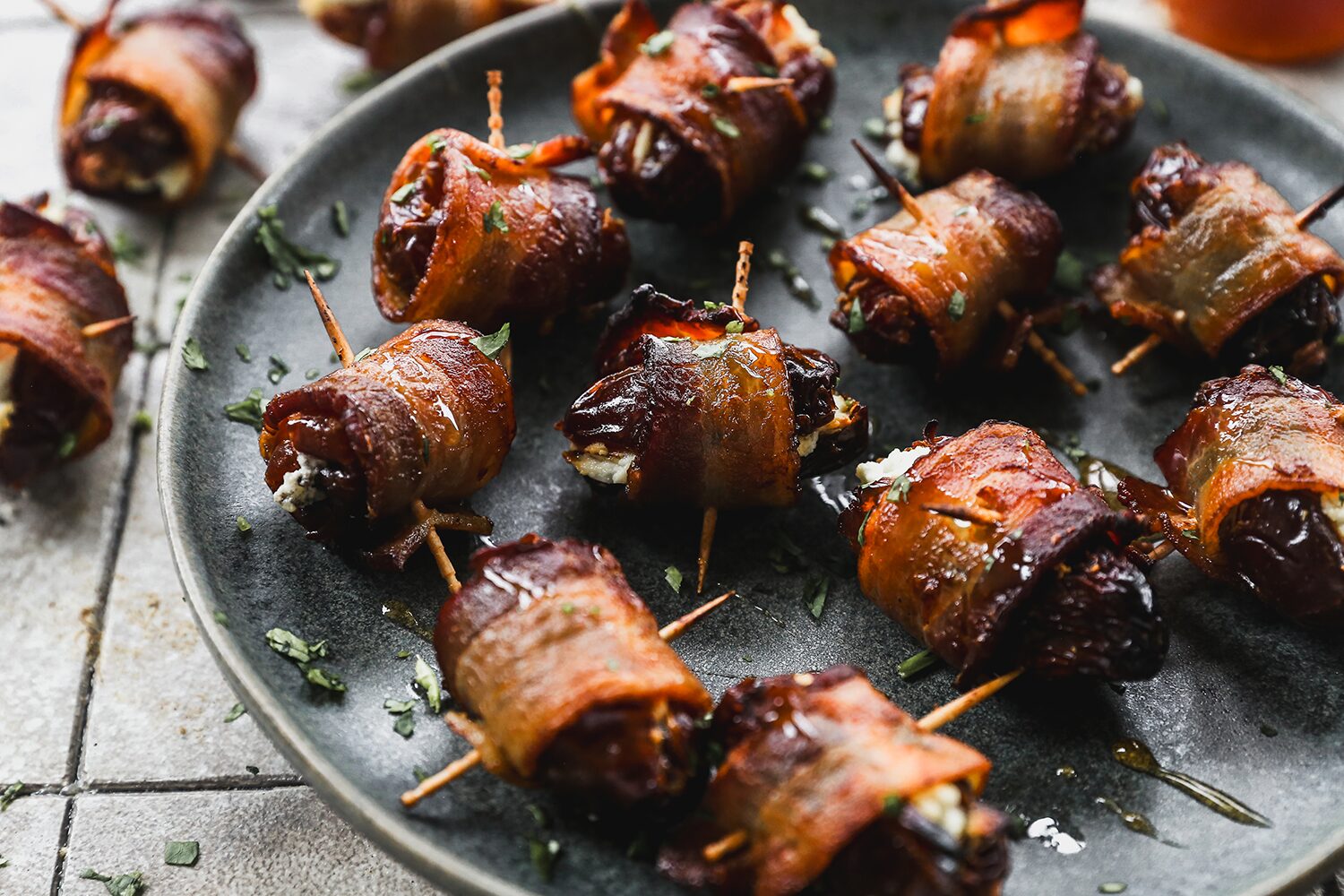 Dates stuffed with goat cheese and wrapped with bacon