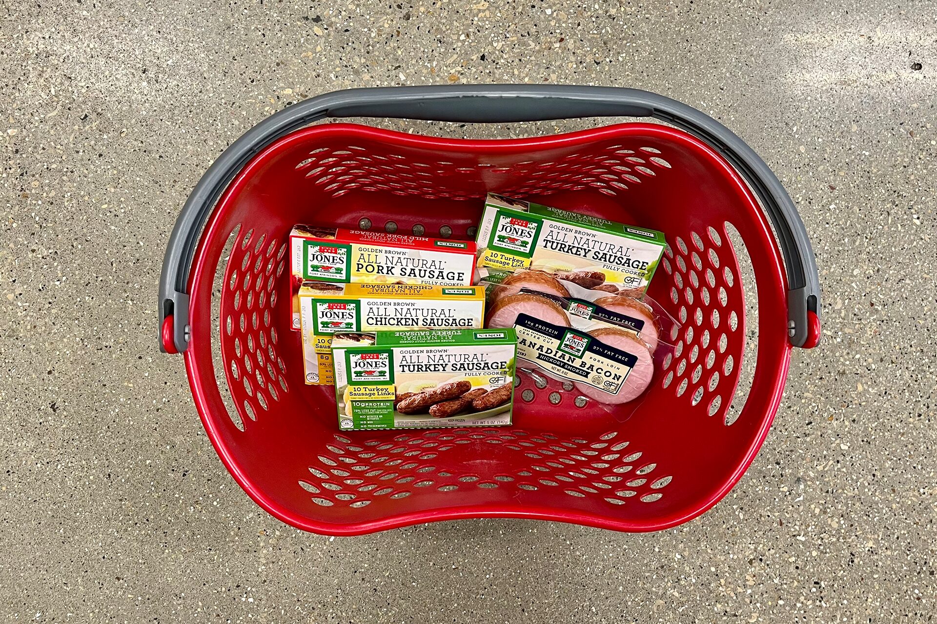 Target basket with Jones Dairy Farm sausage and Canadian bacon products