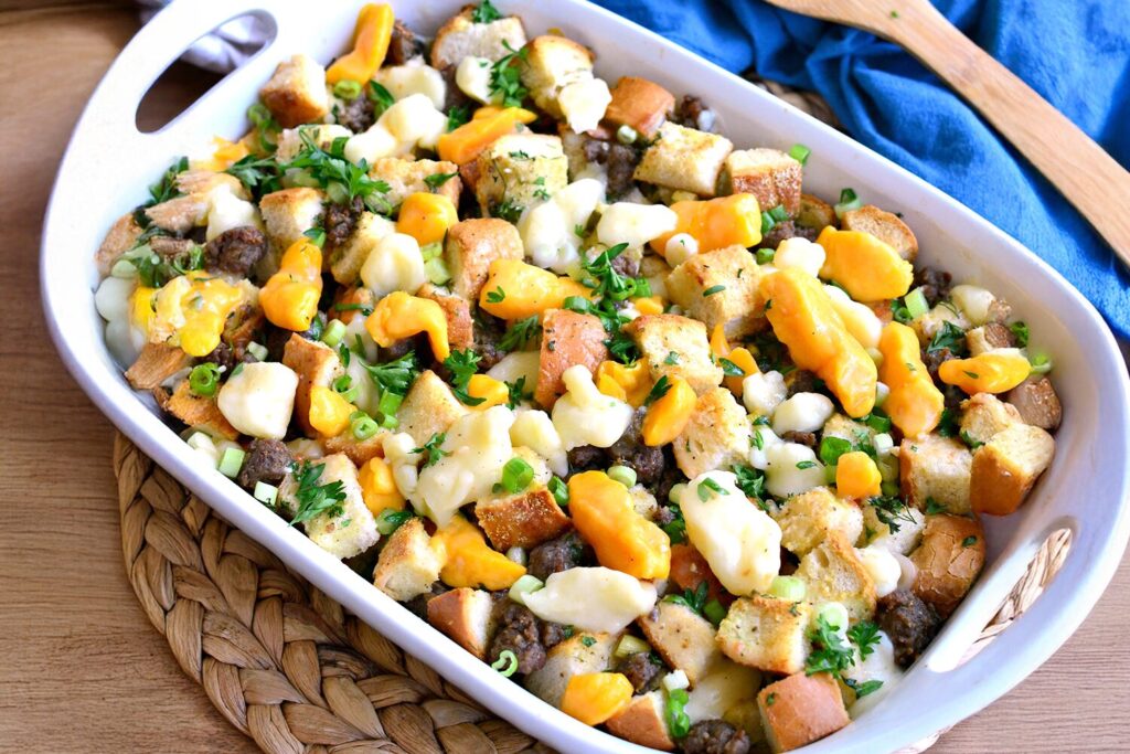 Poutine stuffing with cheese curds, Jones Dairy Farm sausage and bread.