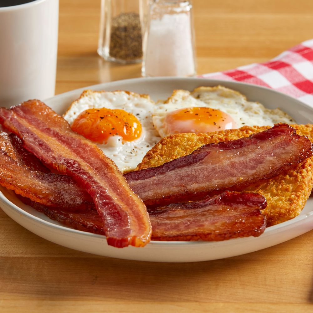 Cherrywood bacon and eggs on a plate