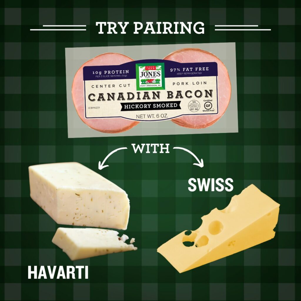 Pair Jones Dairy Farm Canadian Bacon with Havarti or Swiss cheese