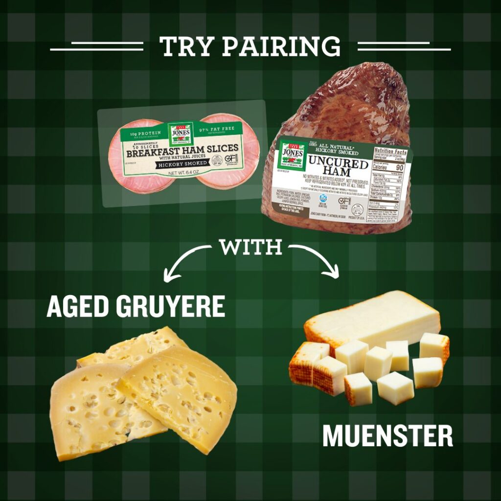 Pair Jones Dairy Farm ham with Aged Gruyere or Muenster cheese