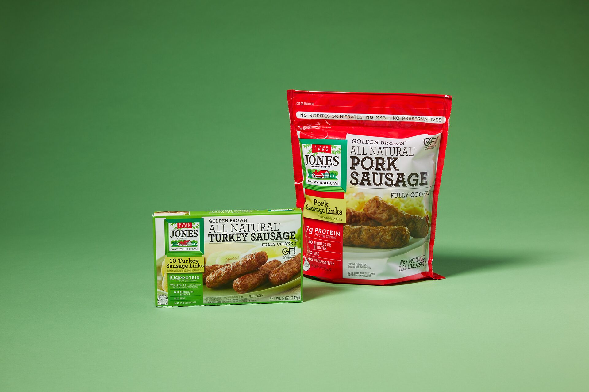 A package of Jones Dairy Farm Turkey Sausage Links and a bag of Jones Dairy Farm Pork Sausage Links