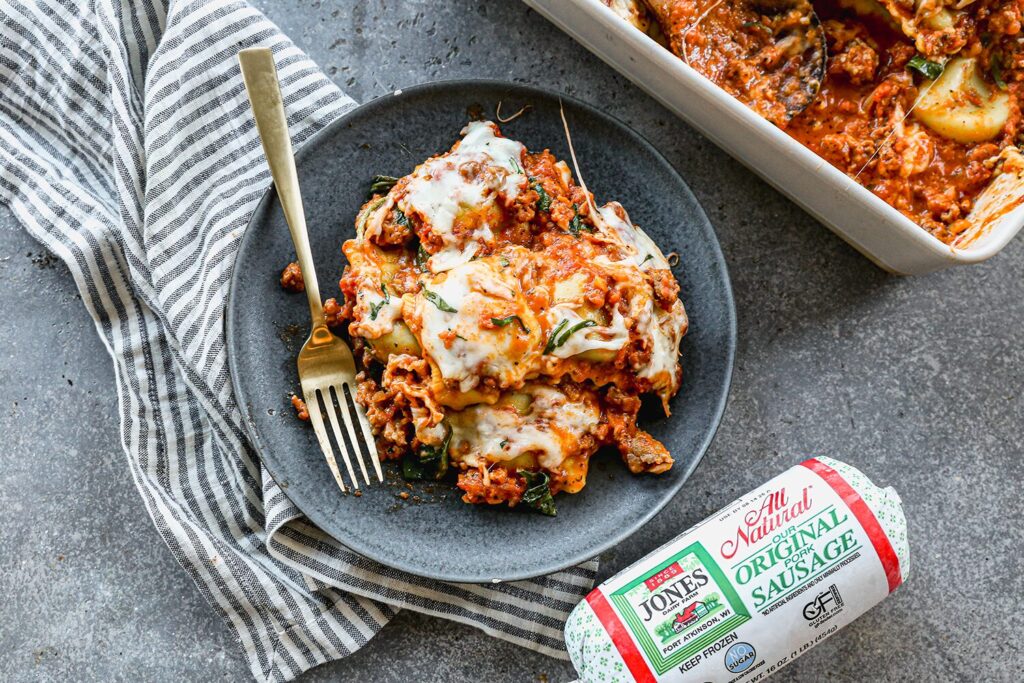 Ravioli bake with sausage and vodka cream sauce